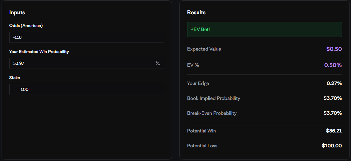 EV Calculator showing positive expected value