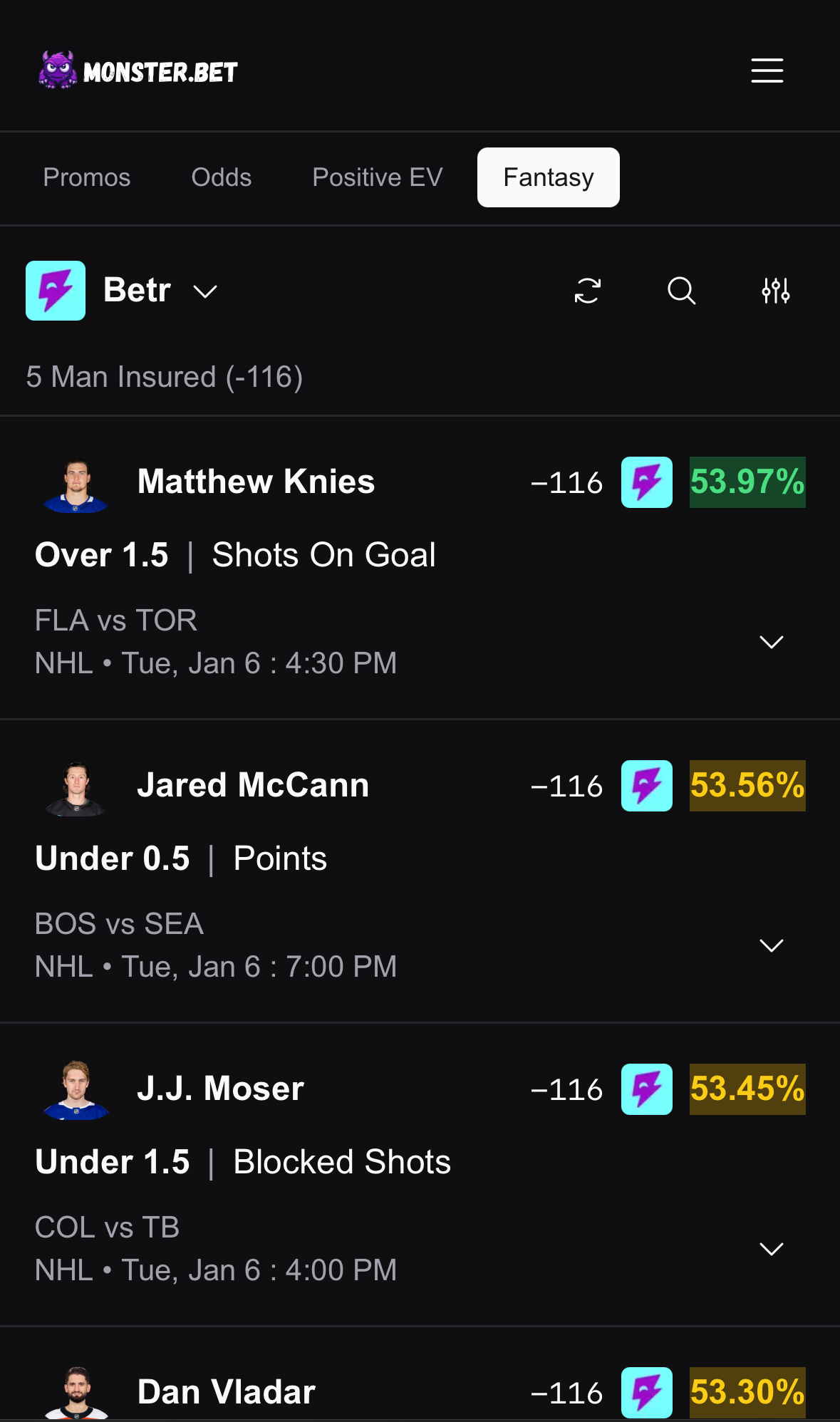 Monster.bet Fantasy Optimizer showing Matthew Knies