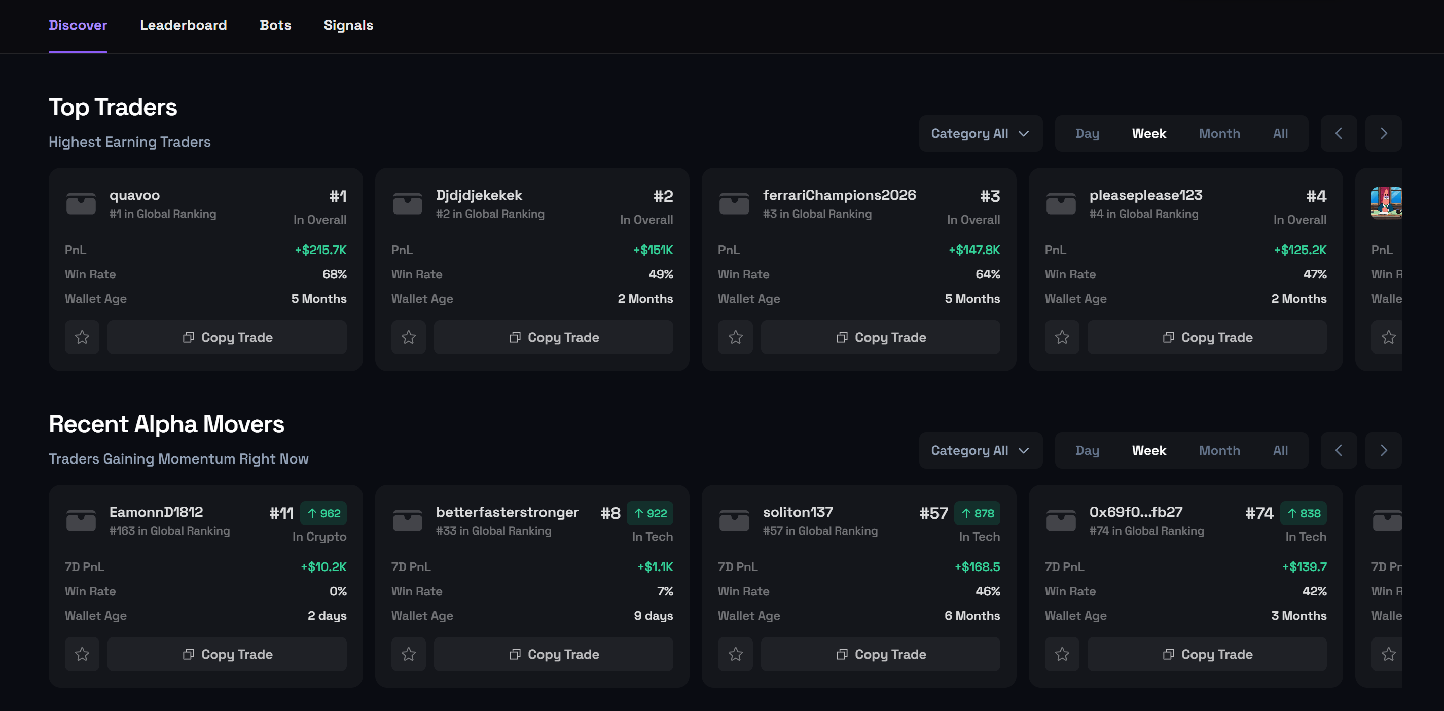 Monster Copy Trading discovery page with top traders and recent alpha movers