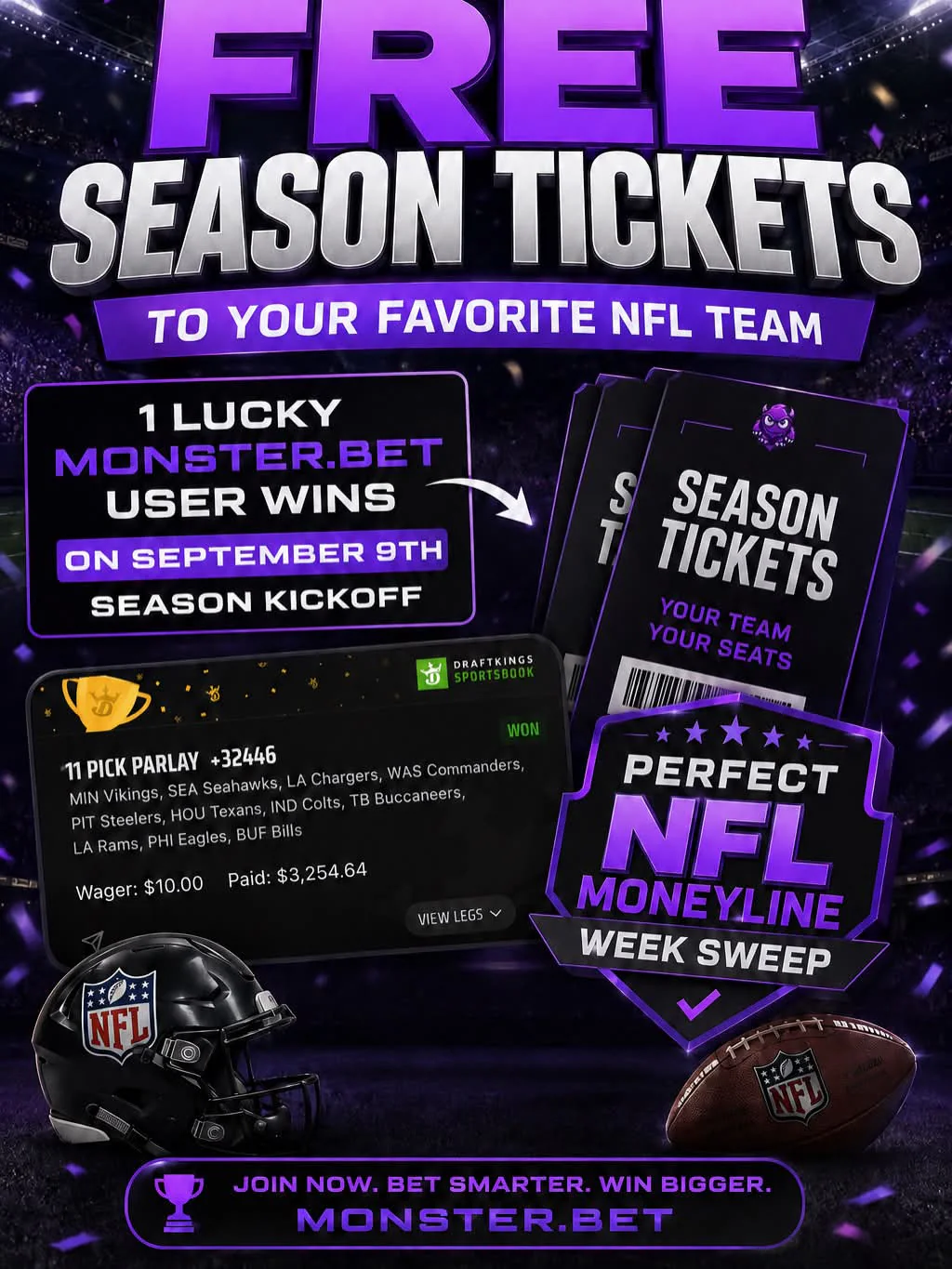 Monster free NFL season tickets promotion tied to a perfect NFL moneyline week