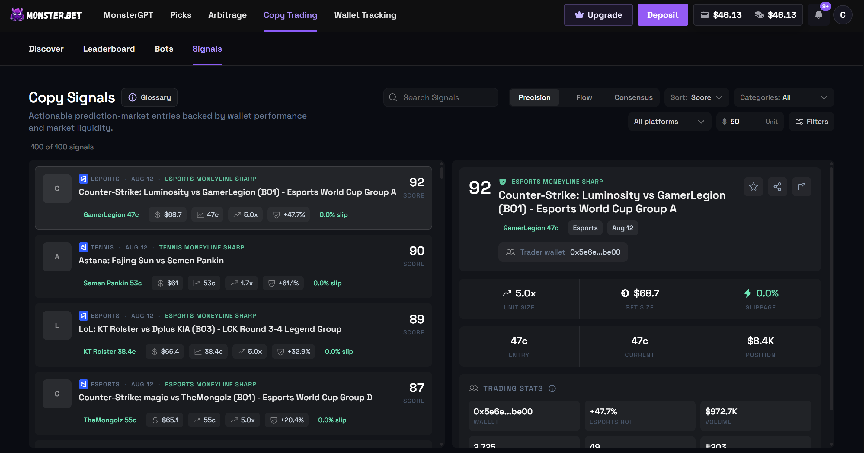 Monster Copy Signals interface showing prediction-market trades and copy actions
