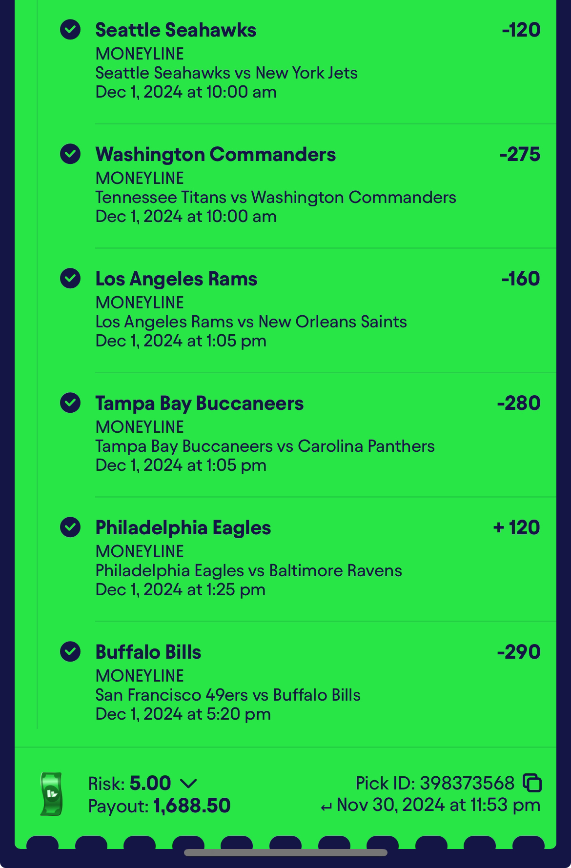Winning NFL moneyline parlay ticket returning 1688.50 from a 5 dollar stake