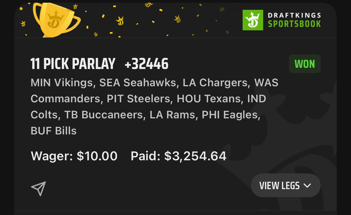 Winning 11-pick DraftKings NFL parlay paying 3254.64 from a 10 dollar wager