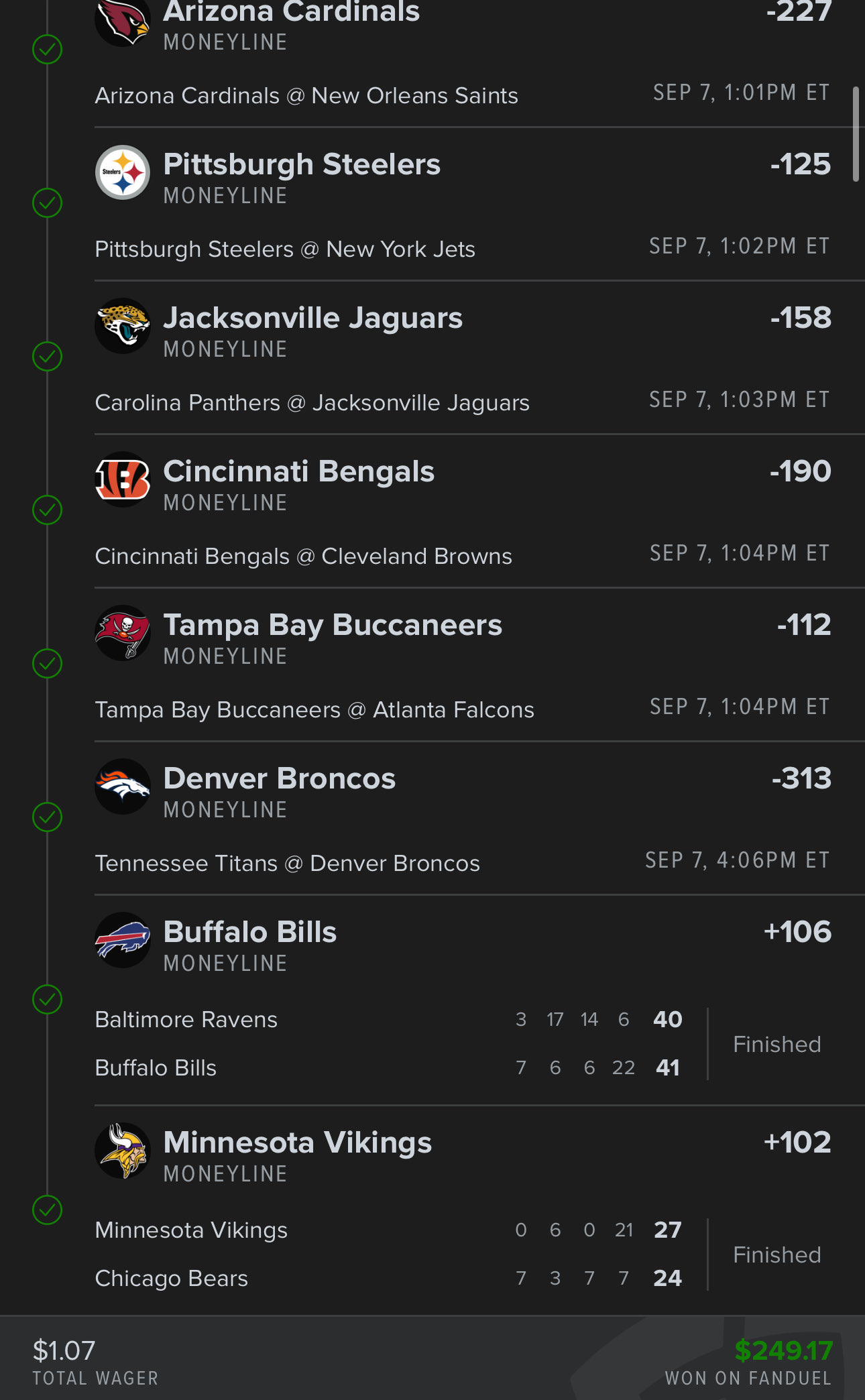 Winning NFL moneyline ticket showing a 249.17 return from a 1.07 stake